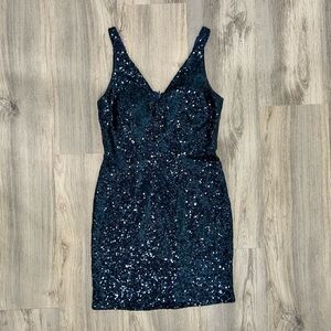Nightway NW Dark Navy Blue Sequin Sleeveless V Neck Party Sheath Dress Size 10